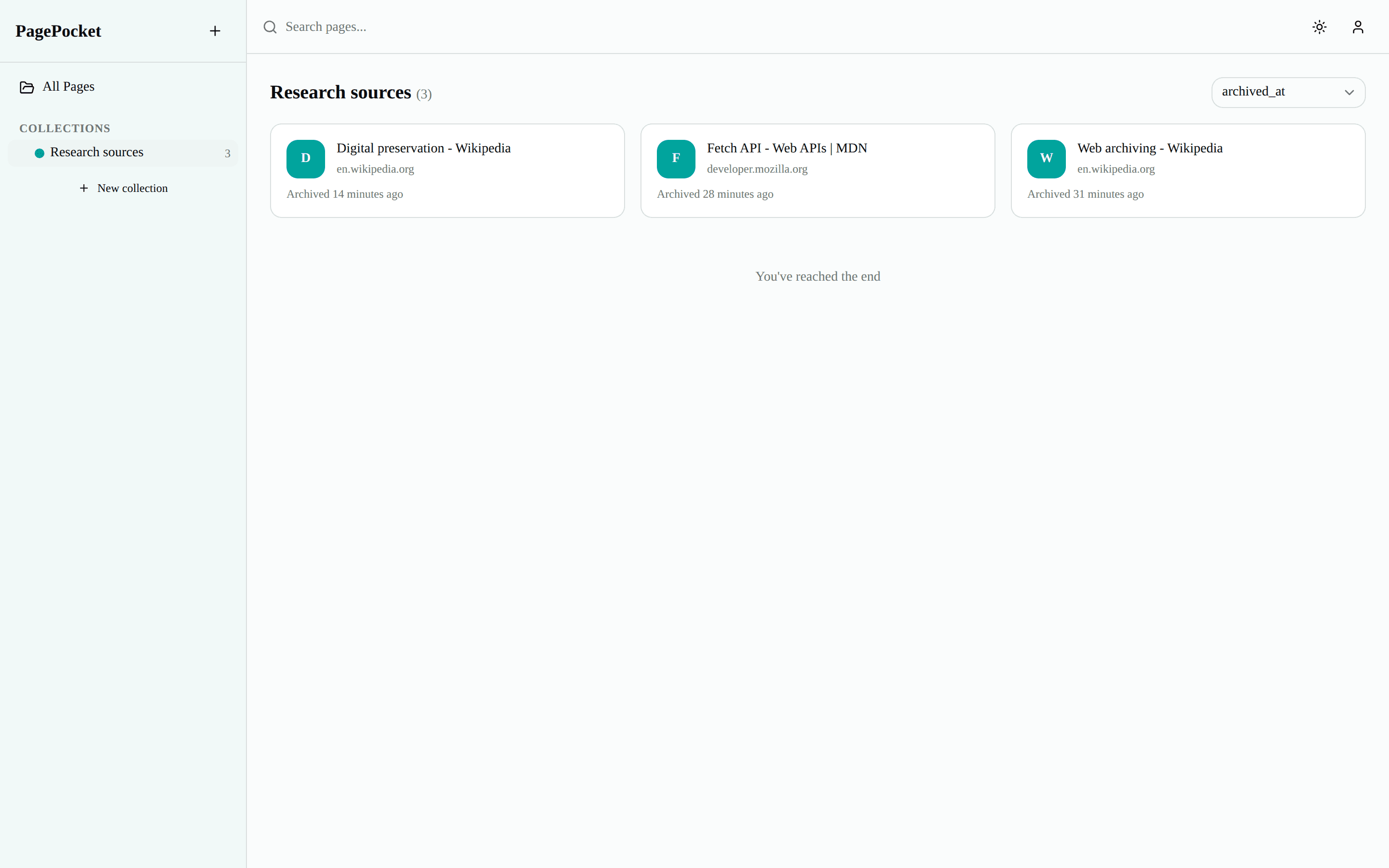 PagePocket collection view showing the Research sources collection