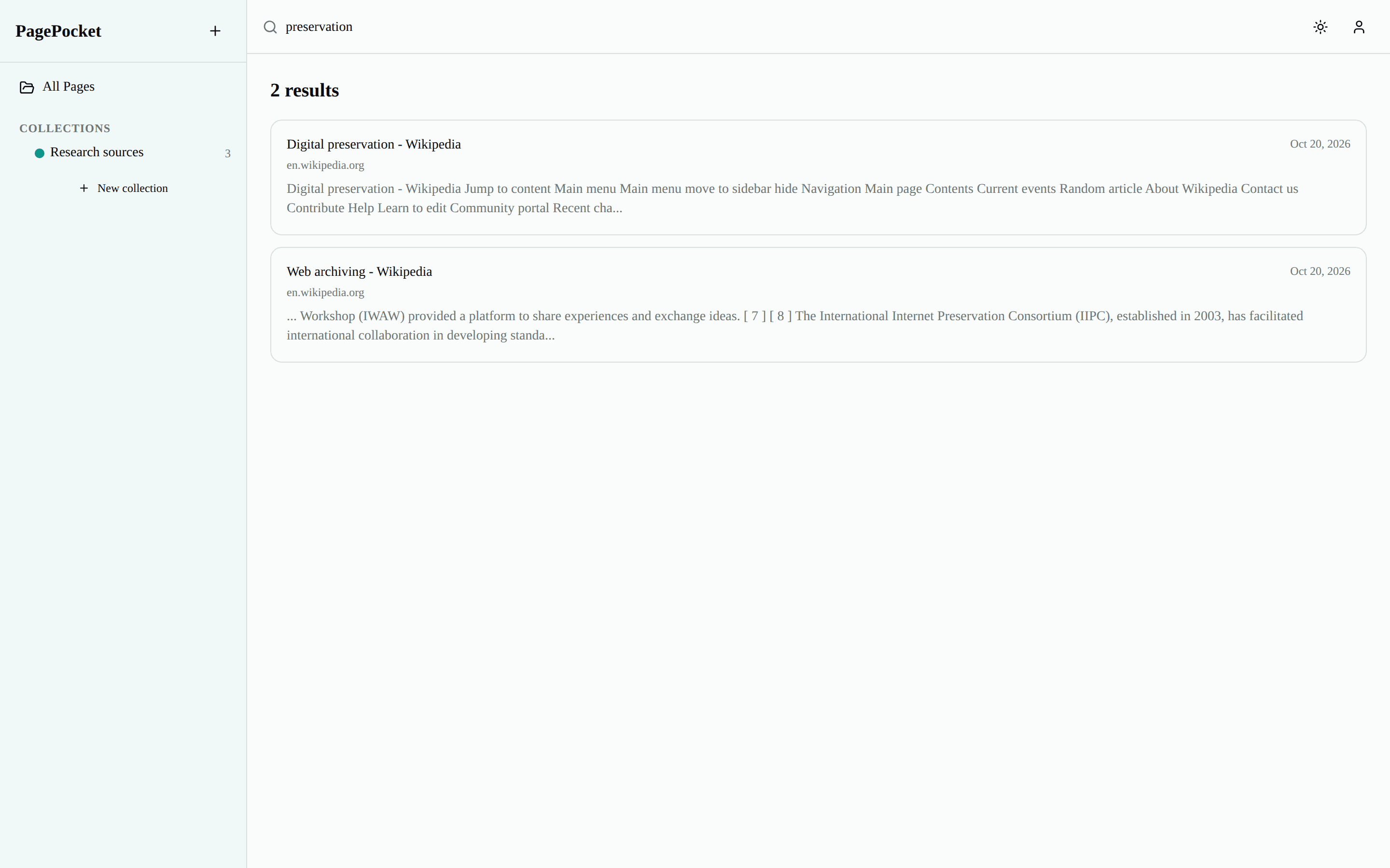 PagePocket search results with highlighted snippets