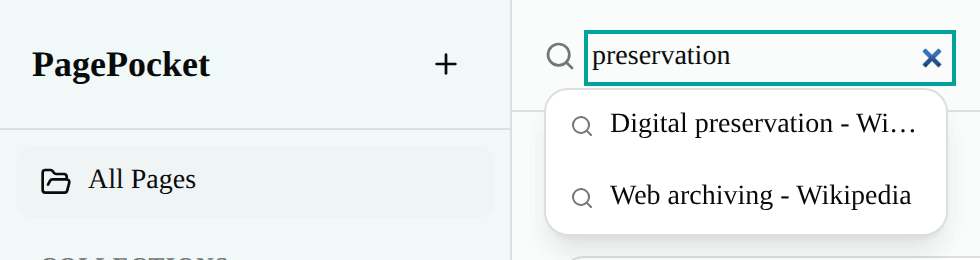 PagePocket search bar with a live preview of matching saved pages